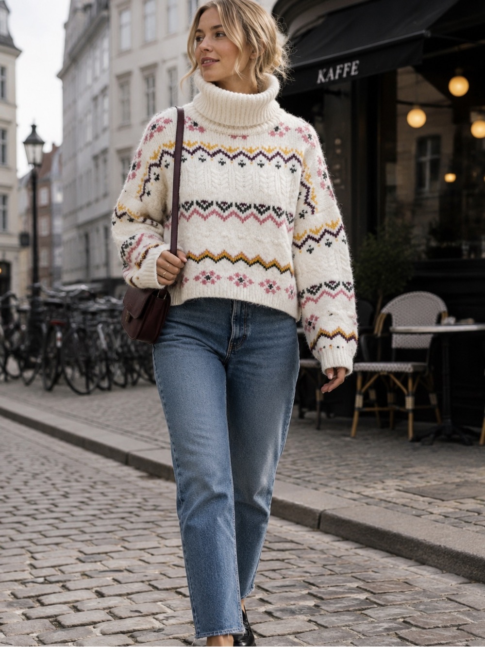 EVEREVE Chunky Ivory Fair Isle Apres Ski Cabincore Turtleneck Sweater, M
